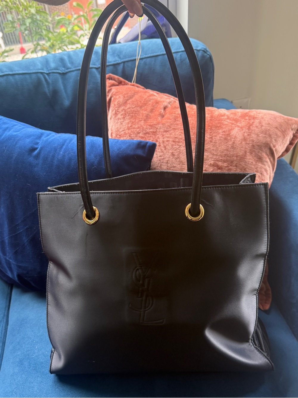 Authentic Yves Saint Laurent Navy Tote with Gold-Tone Hardware